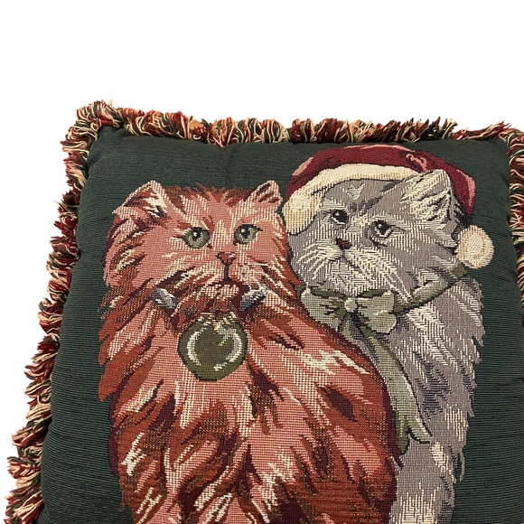 Vintage Christmas Cats Kittens Needlepoint Tapestry Frayed Border Holiday Pillow - Picture 12 of 16
